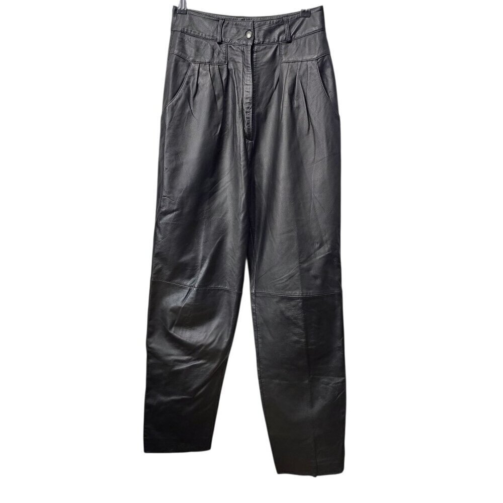 Toffs Vintage 80's Retro 100% Leather High Waist Black Moto Straight Leg Pants
